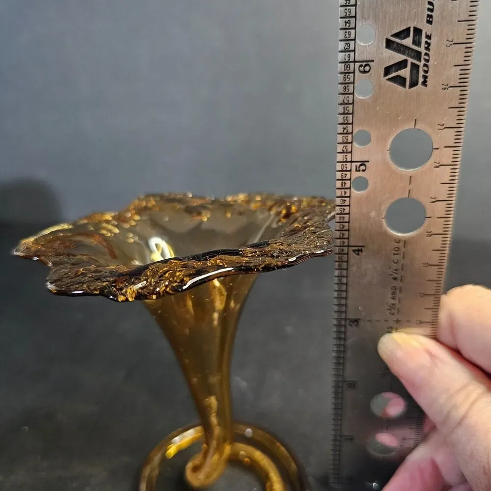 Vintage Hand Blown Trumpet Bud Vase Amber Art Glass Small Flower Vase 4